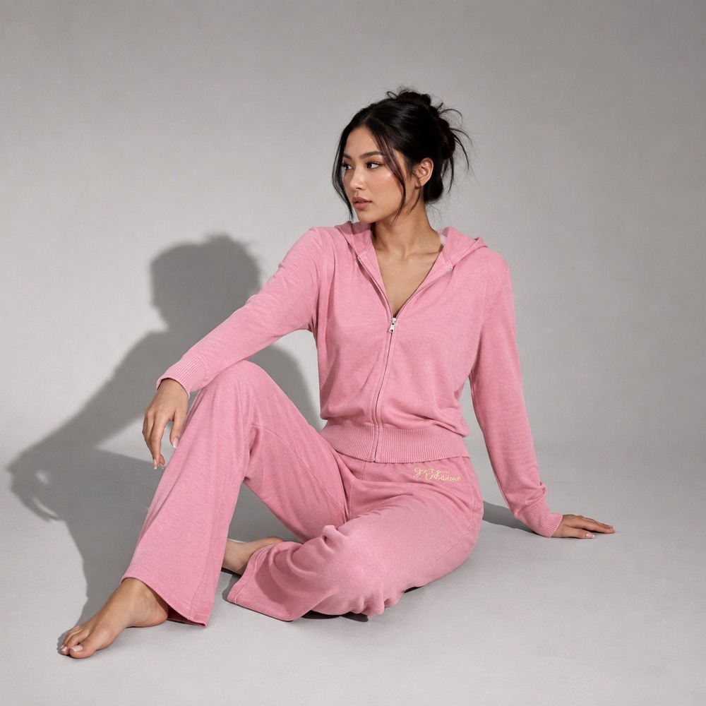 Juicy Couture Large Pink Sweater Knit 2pc Set Zip Hoodie Wide Leg Pants NWT